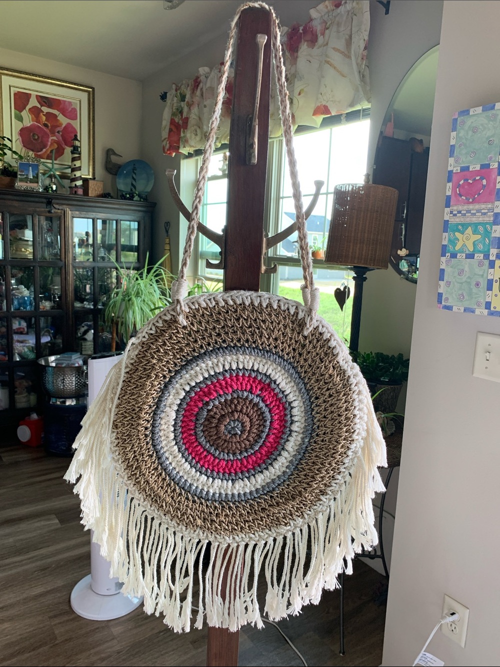 NWOT Made in Italy Round Crochet Fringe Shoulder Bag Natural Fibers 14.5”W Boho